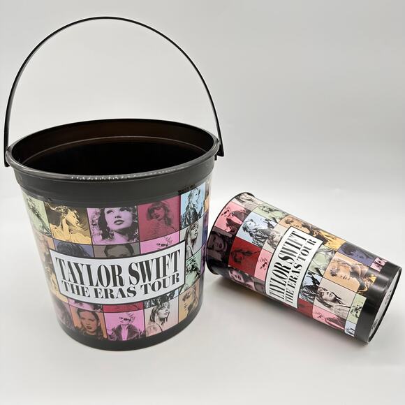 TAYLOR SWIFT BLACK PLASTIC POPCORN TUB PLASTIC CUP BUNDLE THE ERAS TOUR MOVIE - Picture 1 of 12